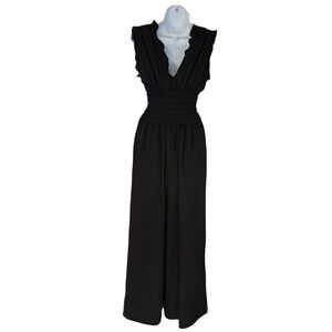 Max Studio NWT wide leg black romper jumpsuit smocked elastic waist pockets - S